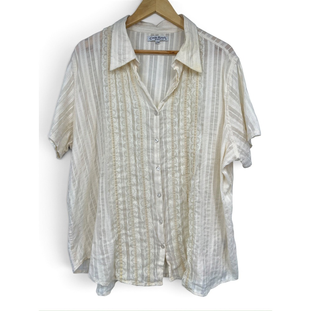 Claudia Richard Women Plus Size 24W Cream Lace Stripe Button Up Blouse Ivory